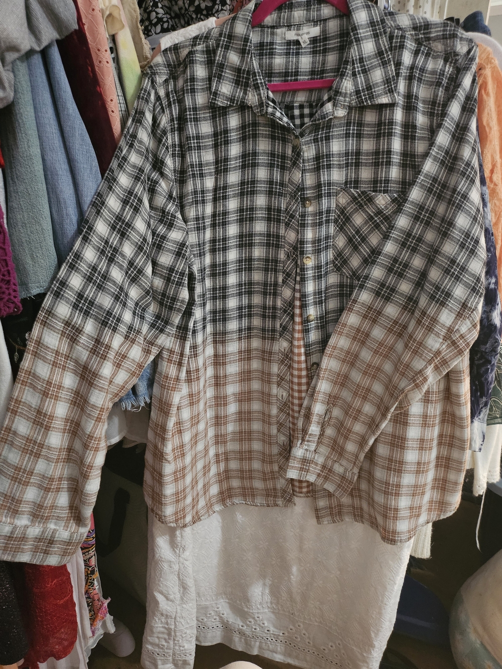 Two-Tone Plaid Button-Down Shirt in Black & Brown